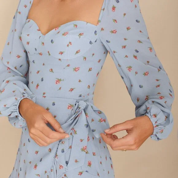 Reformation Blue Floral Cammi Dress Faux Wrap Long Sleeve Size 2 - Picture 2 of 8